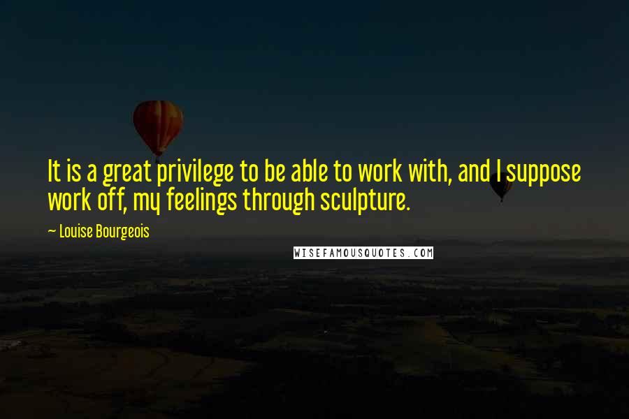 Louise Bourgeois Quotes: It is a great privilege to be able to work with, and I suppose work off, my feelings through sculpture.