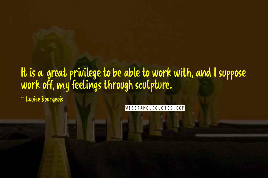 Louise Bourgeois Quotes: It is a great privilege to be able to work with, and I suppose work off, my feelings through sculpture.