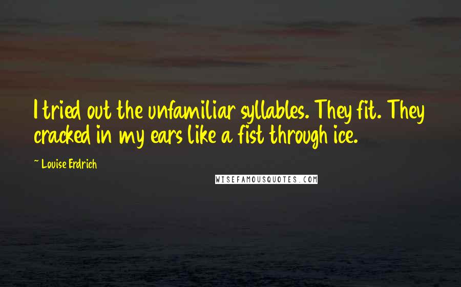 Louise Erdrich Quotes: I tried out the unfamiliar syllables. They fit. They cracked in my ears like a fist through ice.
