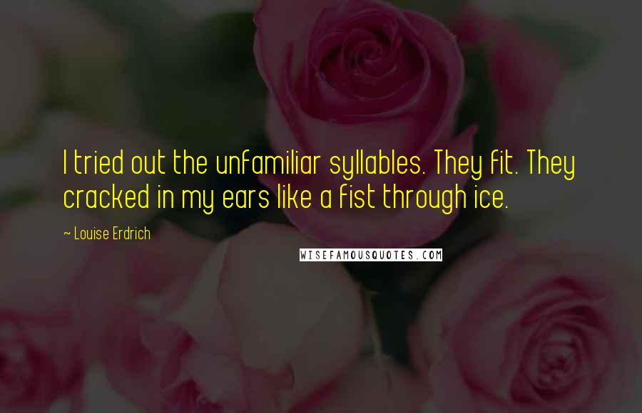 Louise Erdrich Quotes: I tried out the unfamiliar syllables. They fit. They cracked in my ears like a fist through ice.