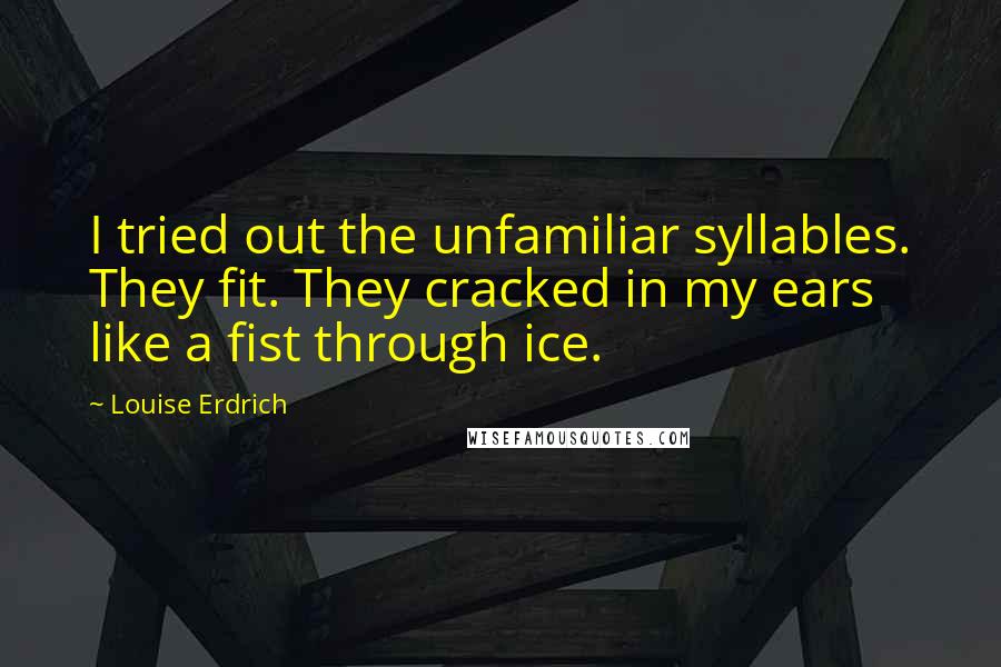 Louise Erdrich Quotes: I tried out the unfamiliar syllables. They fit. They cracked in my ears like a fist through ice.