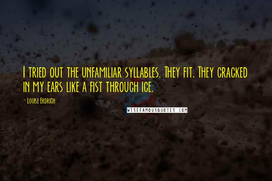 Louise Erdrich Quotes: I tried out the unfamiliar syllables. They fit. They cracked in my ears like a fist through ice.