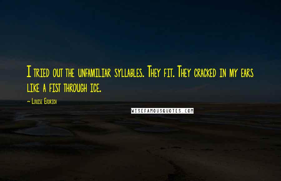 Louise Erdrich Quotes: I tried out the unfamiliar syllables. They fit. They cracked in my ears like a fist through ice.