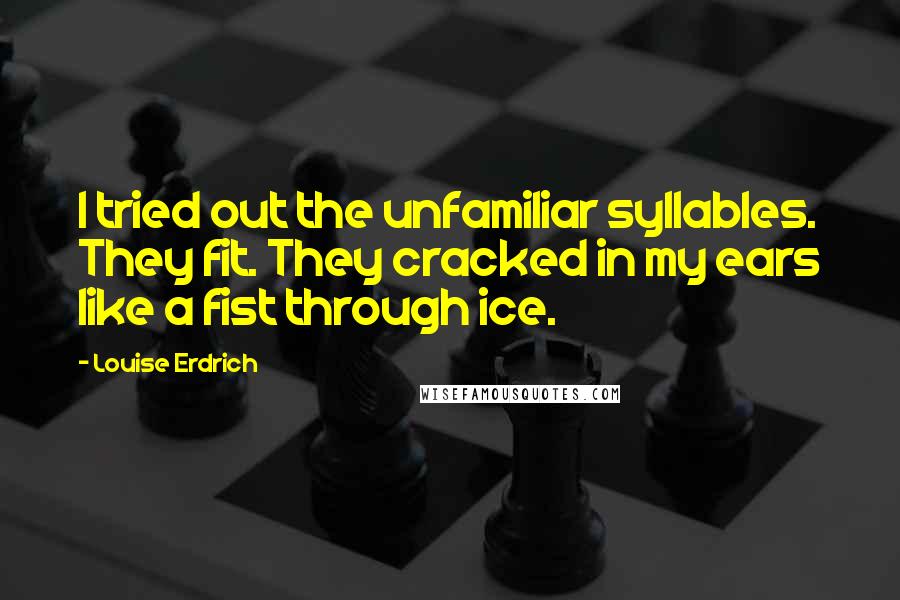 Louise Erdrich Quotes: I tried out the unfamiliar syllables. They fit. They cracked in my ears like a fist through ice.