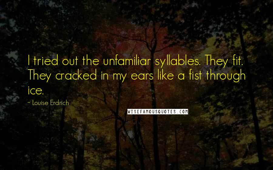 Louise Erdrich Quotes: I tried out the unfamiliar syllables. They fit. They cracked in my ears like a fist through ice.