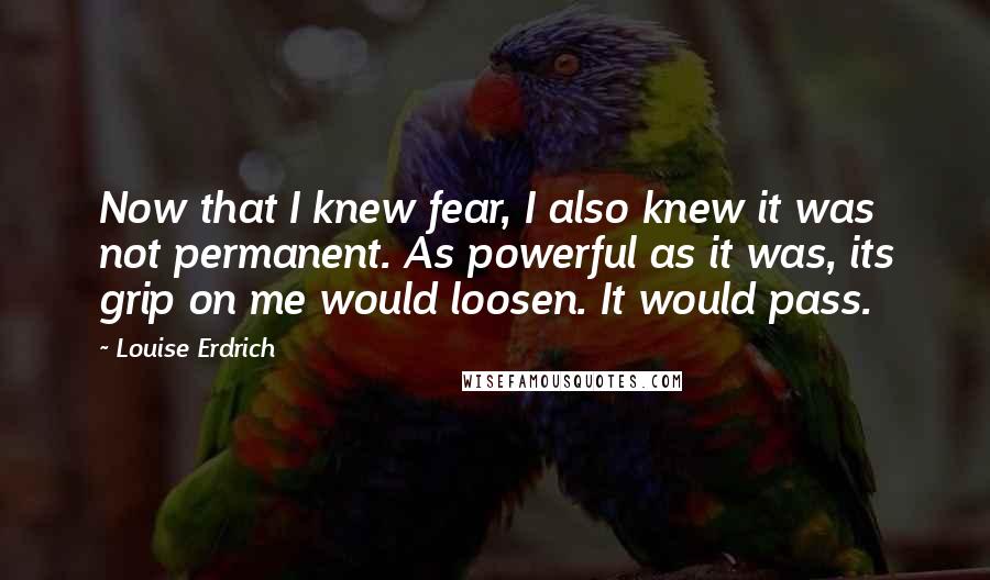 Louise Erdrich Quotes: Now that I knew fear, I also knew it was not permanent. As powerful as it was, its grip on me would loosen. It would pass.