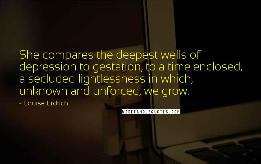 Louise Erdrich Quotes: She compares the deepest wells of depression to gestation, to a time enclosed, a secluded lightlessness in which, unknown and unforced, we grow.