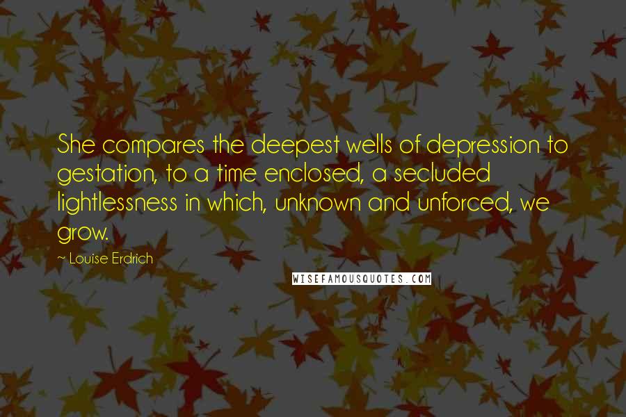 Louise Erdrich Quotes: She compares the deepest wells of depression to gestation, to a time enclosed, a secluded lightlessness in which, unknown and unforced, we grow.