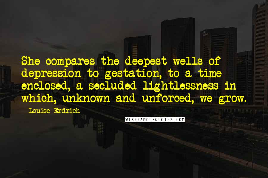 Louise Erdrich Quotes: She compares the deepest wells of depression to gestation, to a time enclosed, a secluded lightlessness in which, unknown and unforced, we grow.