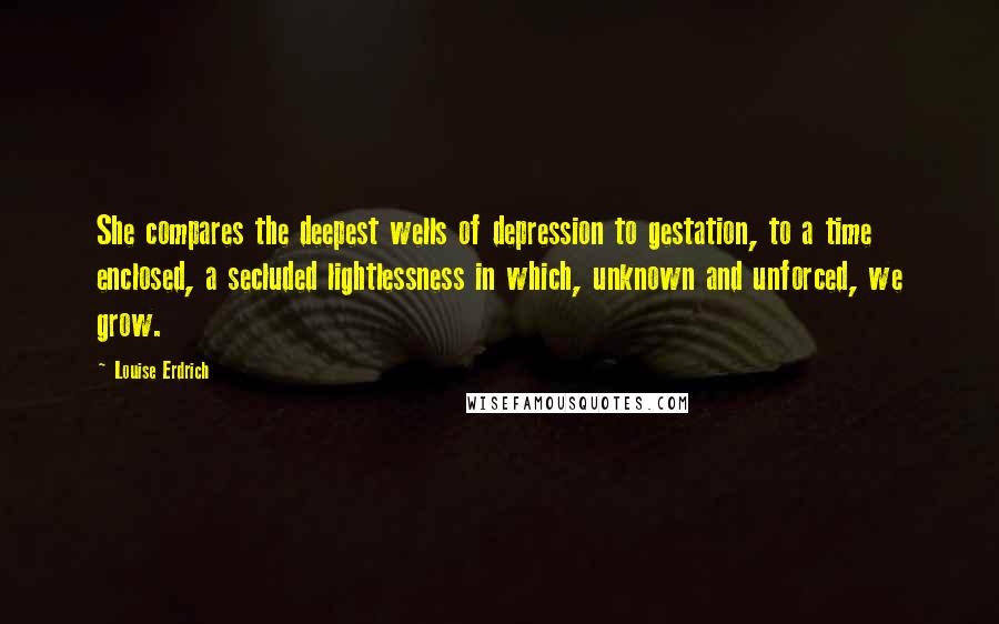 Louise Erdrich Quotes: She compares the deepest wells of depression to gestation, to a time enclosed, a secluded lightlessness in which, unknown and unforced, we grow.