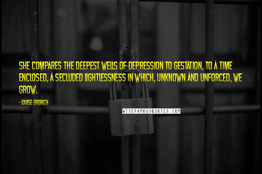 Louise Erdrich Quotes: She compares the deepest wells of depression to gestation, to a time enclosed, a secluded lightlessness in which, unknown and unforced, we grow.