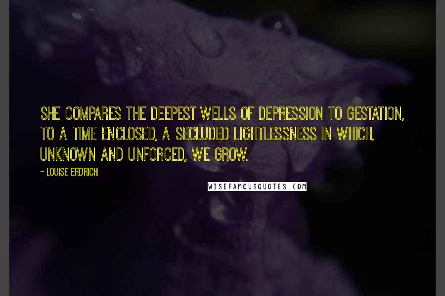 Louise Erdrich Quotes: She compares the deepest wells of depression to gestation, to a time enclosed, a secluded lightlessness in which, unknown and unforced, we grow.