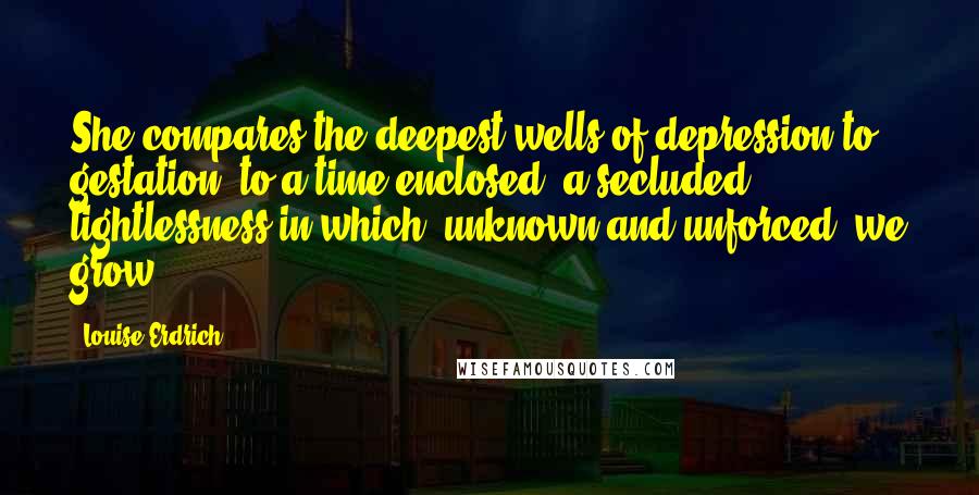 Louise Erdrich Quotes: She compares the deepest wells of depression to gestation, to a time enclosed, a secluded lightlessness in which, unknown and unforced, we grow.