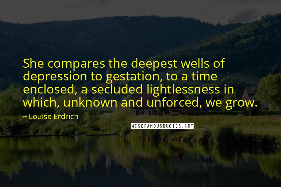 Louise Erdrich Quotes: She compares the deepest wells of depression to gestation, to a time enclosed, a secluded lightlessness in which, unknown and unforced, we grow.