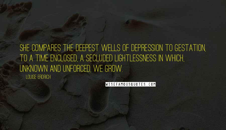 Louise Erdrich Quotes: She compares the deepest wells of depression to gestation, to a time enclosed, a secluded lightlessness in which, unknown and unforced, we grow.