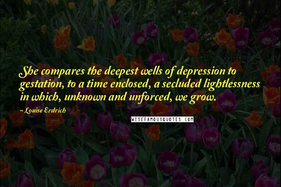 Louise Erdrich Quotes: She compares the deepest wells of depression to gestation, to a time enclosed, a secluded lightlessness in which, unknown and unforced, we grow.