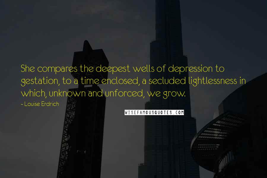 Louise Erdrich Quotes: She compares the deepest wells of depression to gestation, to a time enclosed, a secluded lightlessness in which, unknown and unforced, we grow.