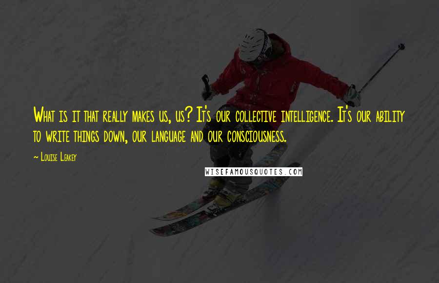 Louise Leakey Quotes: What is it that really makes us, us? It's our collective intelligence. It's our ability to write things down, our language and our consciousness.