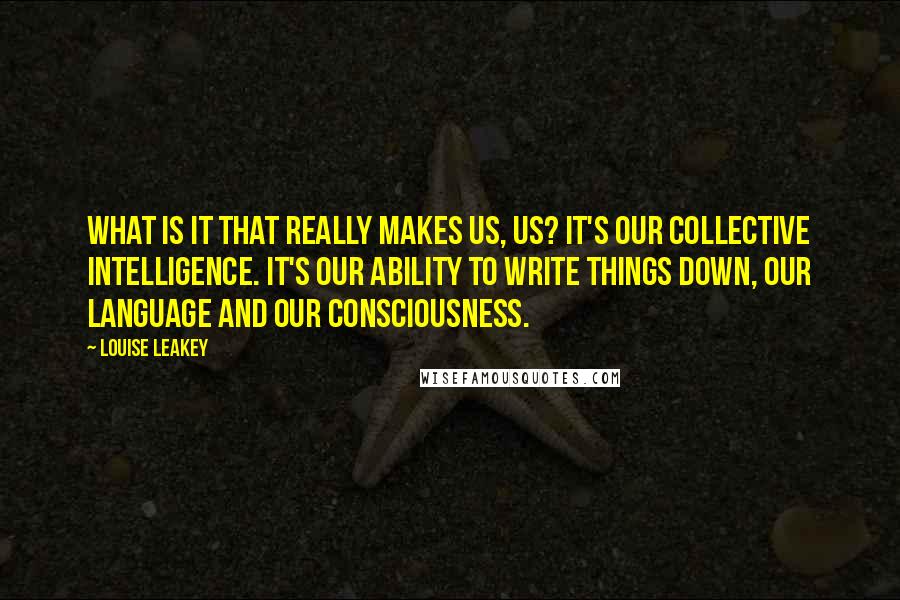 Louise Leakey Quotes: What is it that really makes us, us? It's our collective intelligence. It's our ability to write things down, our language and our consciousness.