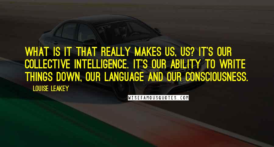 Louise Leakey Quotes: What is it that really makes us, us? It's our collective intelligence. It's our ability to write things down, our language and our consciousness.