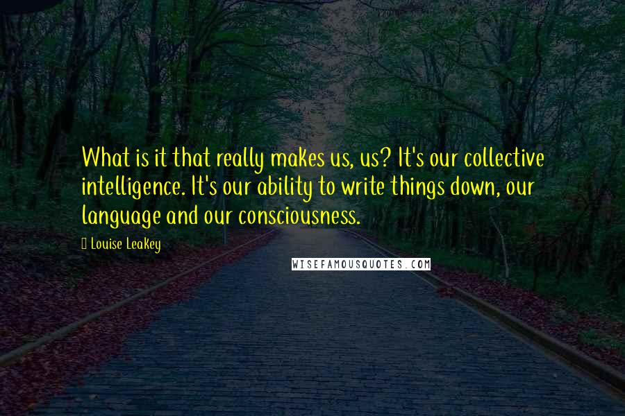 Louise Leakey Quotes: What is it that really makes us, us? It's our collective intelligence. It's our ability to write things down, our language and our consciousness.