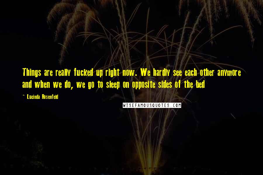 Lucinda Rosenfeld Quotes: Things are really fucked up right now. We hardly see each other anymore and when we do, we go to sleep on opposite sides of the bed