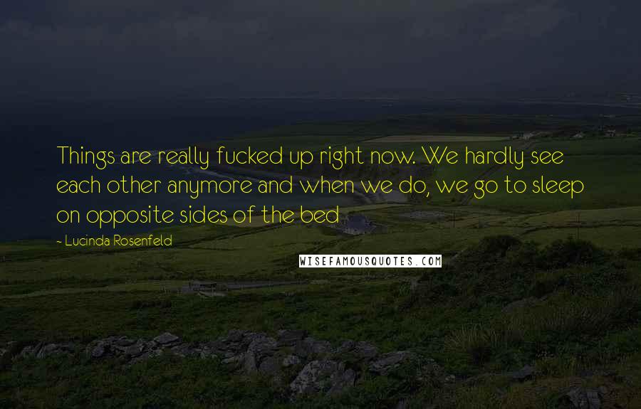 Lucinda Rosenfeld Quotes: Things are really fucked up right now. We hardly see each other anymore and when we do, we go to sleep on opposite sides of the bed