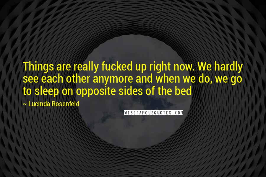 Lucinda Rosenfeld Quotes: Things are really fucked up right now. We hardly see each other anymore and when we do, we go to sleep on opposite sides of the bed