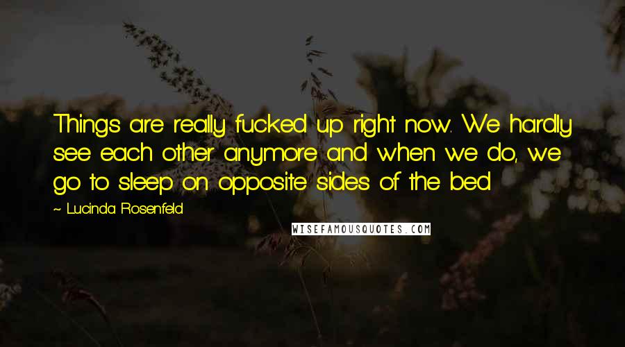 Lucinda Rosenfeld Quotes: Things are really fucked up right now. We hardly see each other anymore and when we do, we go to sleep on opposite sides of the bed