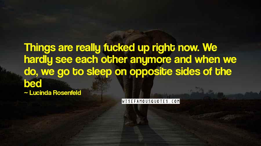 Lucinda Rosenfeld Quotes: Things are really fucked up right now. We hardly see each other anymore and when we do, we go to sleep on opposite sides of the bed