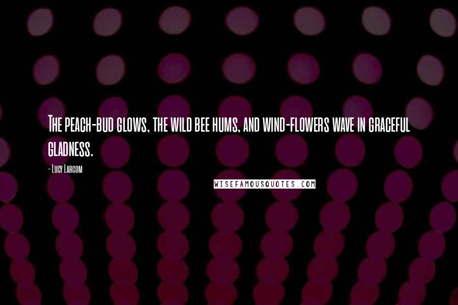 Lucy Larcom Quotes: The peach-bud glows, the wild bee hums, and wind-flowers wave in graceful gladness.