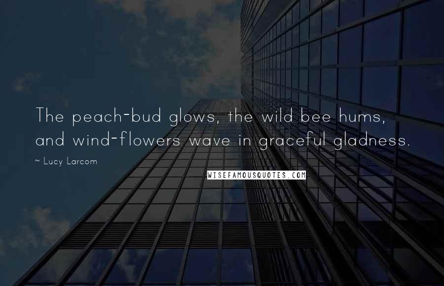 Lucy Larcom Quotes: The peach-bud glows, the wild bee hums, and wind-flowers wave in graceful gladness.