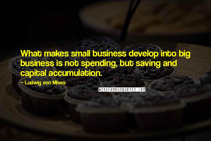 Ludwig Von Mises Quotes: What makes small business develop into big business is not spending, but saving and capital accumulation.