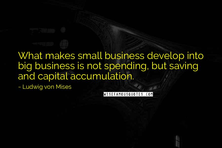 Ludwig Von Mises Quotes: What makes small business develop into big business is not spending, but saving and capital accumulation.