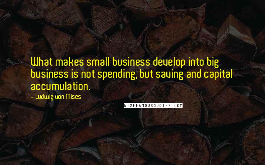 Ludwig Von Mises Quotes: What makes small business develop into big business is not spending, but saving and capital accumulation.