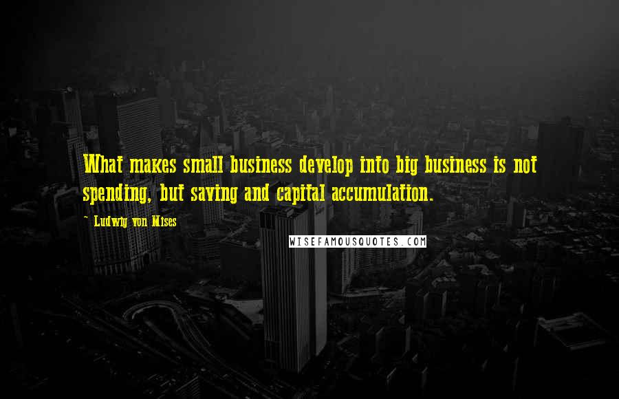 Ludwig Von Mises Quotes: What makes small business develop into big business is not spending, but saving and capital accumulation.