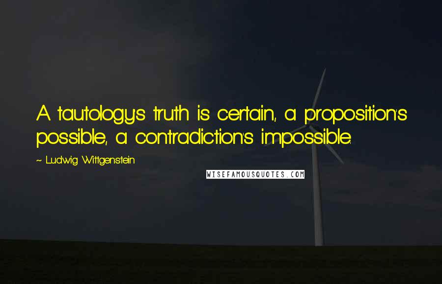 Ludwig Wittgenstein Quotes: A tautology's truth is certain, a proposition's possible, a contradiction's impossible.