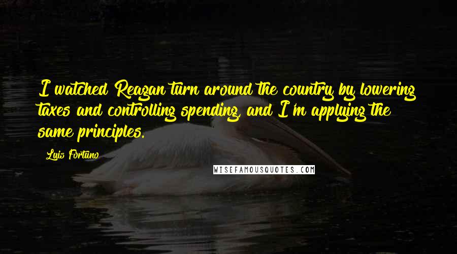 Luis Fortuno Quotes: I watched Reagan turn around the country by lowering taxes and controlling spending, and I'm applying the same principles.