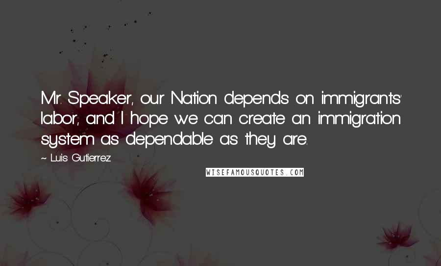 Luis Gutierrez Quotes: Mr. Speaker, our Nation depends on immigrants' labor, and I hope we can create an immigration system as dependable as they are.