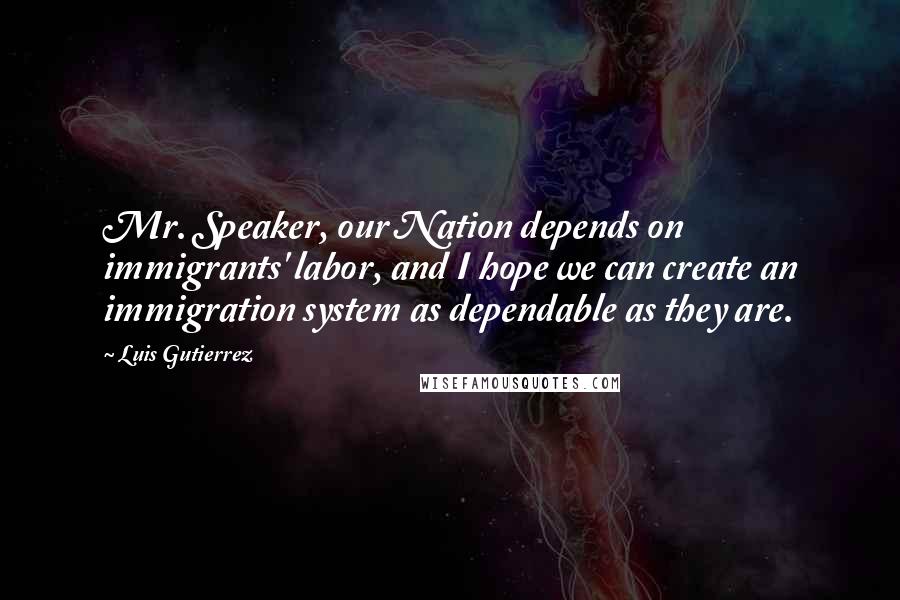 Luis Gutierrez Quotes: Mr. Speaker, our Nation depends on immigrants' labor, and I hope we can create an immigration system as dependable as they are.