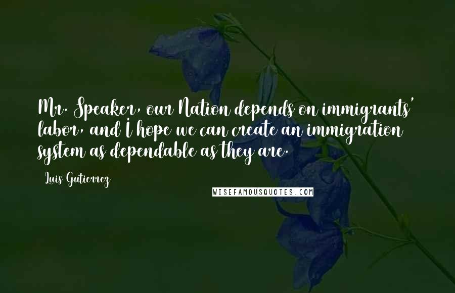 Luis Gutierrez Quotes: Mr. Speaker, our Nation depends on immigrants' labor, and I hope we can create an immigration system as dependable as they are.