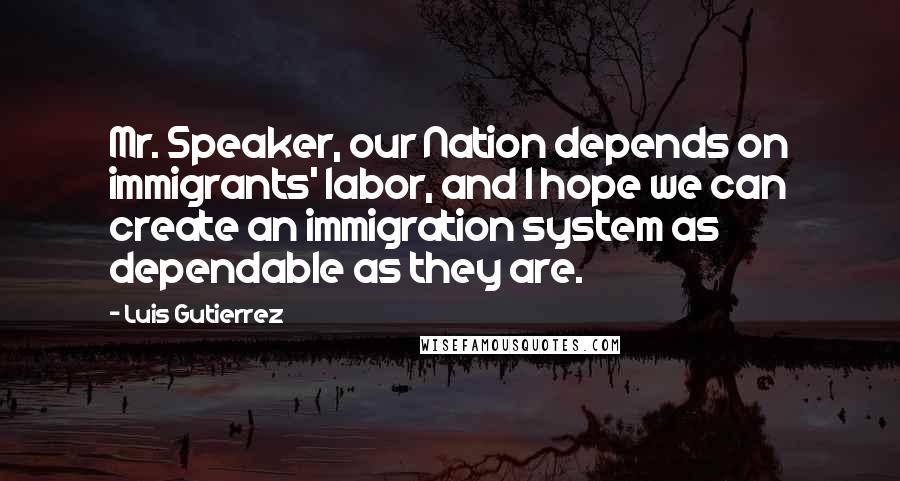 Luis Gutierrez Quotes: Mr. Speaker, our Nation depends on immigrants' labor, and I hope we can create an immigration system as dependable as they are.