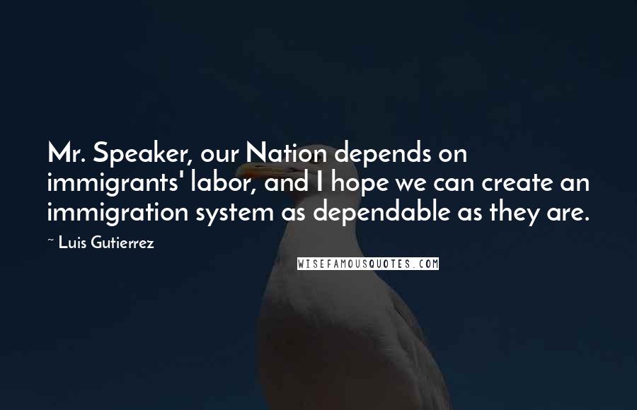 Luis Gutierrez Quotes: Mr. Speaker, our Nation depends on immigrants' labor, and I hope we can create an immigration system as dependable as they are.