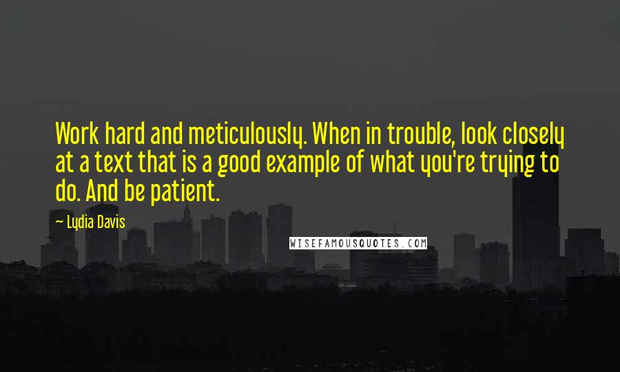 Lydia Davis Quotes: Work hard and meticulously. When in trouble, look closely at a text that is a good example of what you're trying to do. And be patient.