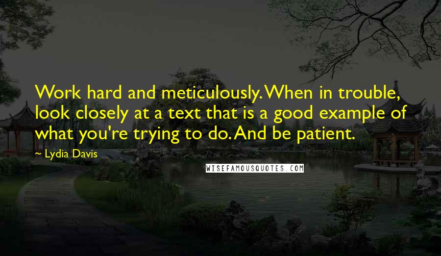 Lydia Davis Quotes: Work hard and meticulously. When in trouble, look closely at a text that is a good example of what you're trying to do. And be patient.