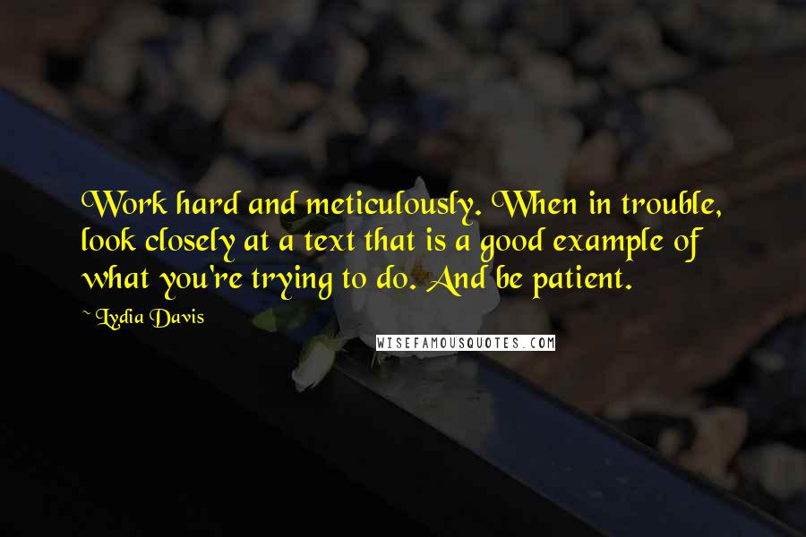 Lydia Davis Quotes: Work hard and meticulously. When in trouble, look closely at a text that is a good example of what you're trying to do. And be patient.