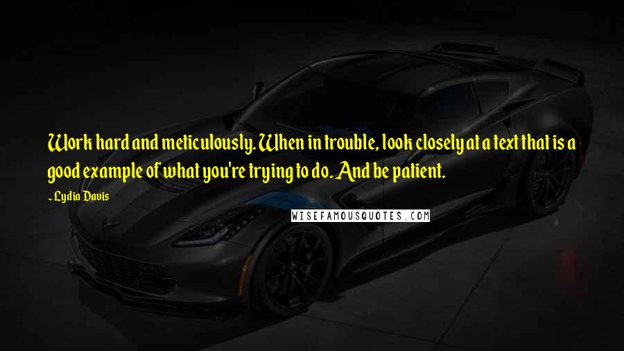 Lydia Davis Quotes: Work hard and meticulously. When in trouble, look closely at a text that is a good example of what you're trying to do. And be patient.