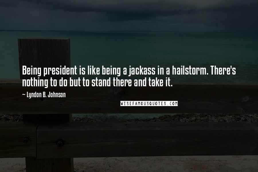 Lyndon B. Johnson Quotes: Being president is like being a jackass in a hailstorm. There's nothing to do but to stand there and take it.