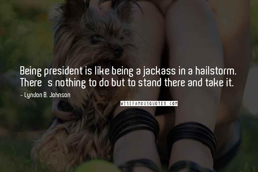 Lyndon B. Johnson Quotes: Being president is like being a jackass in a hailstorm. There's nothing to do but to stand there and take it.