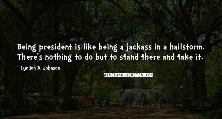 Lyndon B. Johnson Quotes: Being president is like being a jackass in a hailstorm. There's nothing to do but to stand there and take it.